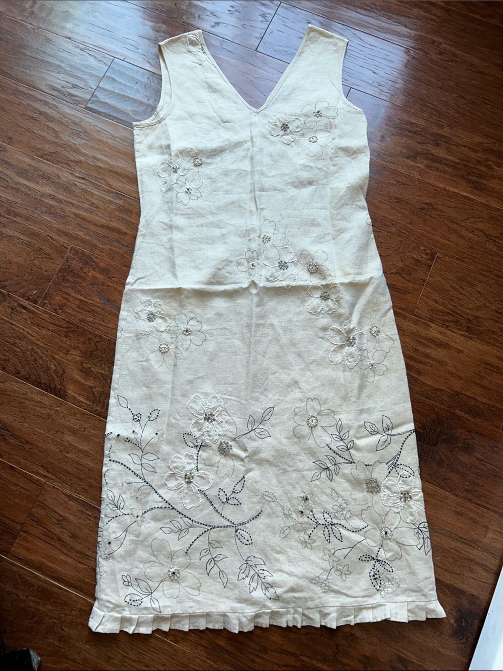 Willi Smith Cream Floral Embroidered V-Neck Linen Dress SZ 6P